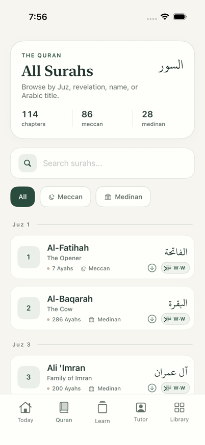 Tanzeel Quran library with surahs and search